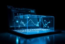 Laptop mostrando gráficos de trading con visualización holográfica de datos financieros en tiempo real