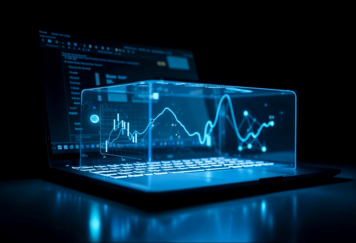 Laptop mostrando gráficos de trading con visualización holográfica de datos financieros en tiempo real