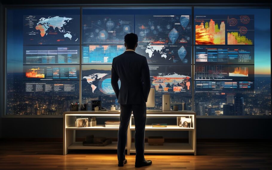 Interfaz digital de una plataforma de trading cuántico con gráficos y algoritmos visibles