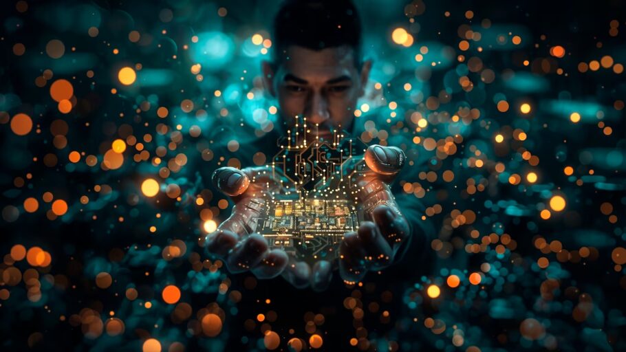 Person holding a digital circuit with glowing data points symbolizing AI and quantum technology