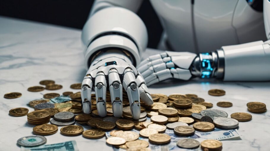Mano robótica sobre monedas y billetes representando inteligencia artificial en finanzas