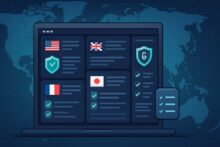 Interfaz digital de software de iGaming mostrando cumplimiento normativo en diferentes países