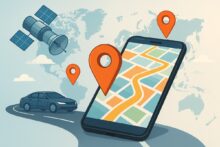 Ilustración digital de un mapa GPS en un smartphone, un auto en ruta y un satélite sobre un fondo con el mapa del mundo