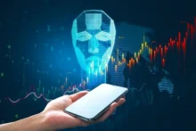 Aplicación de trading automatizado con rostro digital y gráficos de criptomonedas