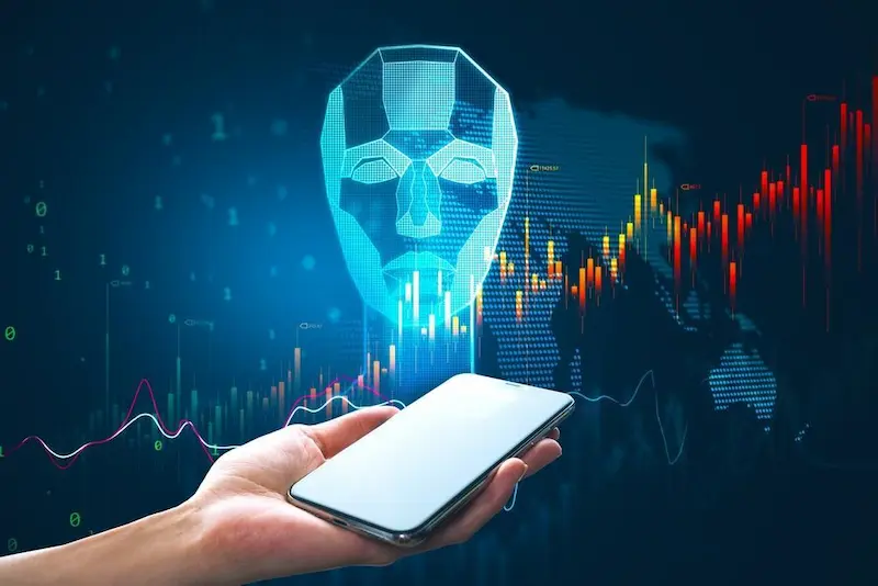 Aplicación de trading automatizado con rostro digital y gráficos de criptomonedas