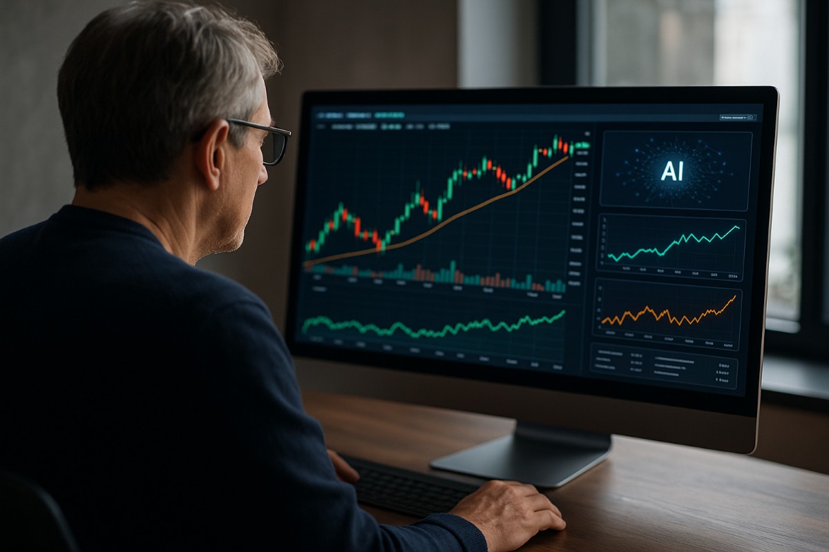 Persona usando plataforma de trading automatizado con gráficos e inteligencia artificial en pantalla