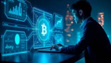 Hombre frente a pantalla digital con símbolo de Bitcoin y gráficos de trading