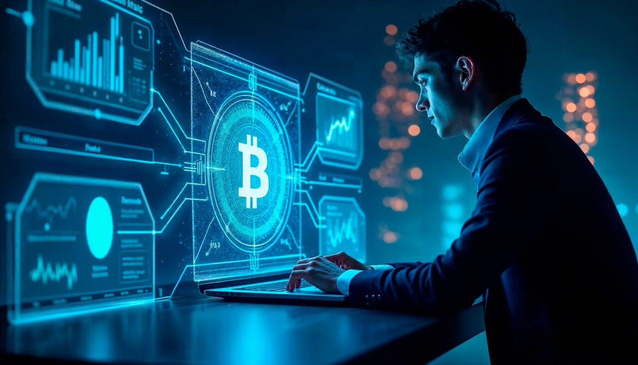 Hombre frente a pantalla digital con símbolo de Bitcoin y gráficos de trading