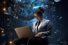 Mujer profesional utilizando laptop en entorno digital futurista con elementos de datos flotantes