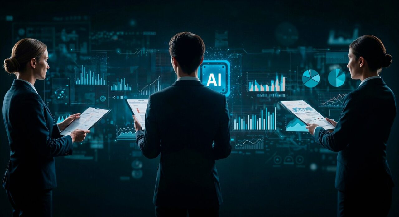 Equipo de profesionales analizando datos con inteligencia artificial aplicada al trading