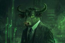 Toro con traje simbolizando mercados financieros impulsados por inteligencia artificial cuántica