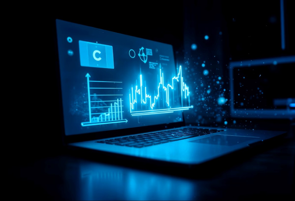 Gráficos financieros virtuales proyectados desde una computadora portátil en un entorno oscuro