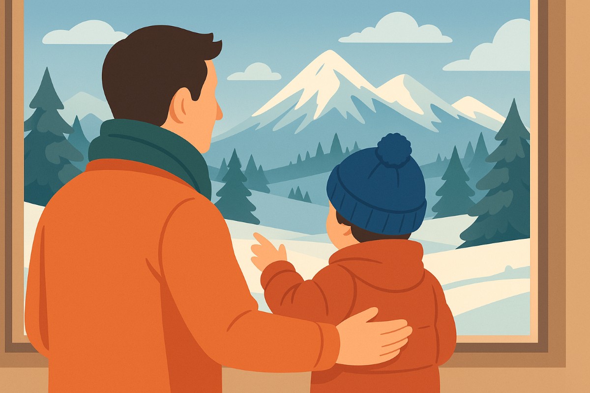 Padre e hijo observan un paisaje nevado durante las vacaciones de invierno en Argentina