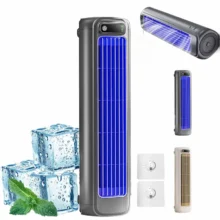 Ventilador sin aspas portátil con luces LED azules junto a cubos de hielo