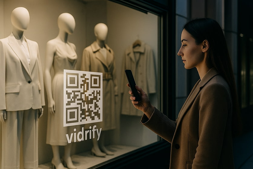 Mujer escaneando un código QR en la vidriera de una tienda de ropa con maniquíes
