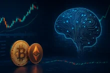 Cerebro digital iluminado con gráficos financieros y criptomonedas representando la unión entre inteligencia artificial y trading