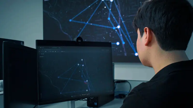 Analista revisa en computadora un mapa con puntos conectados por inteligencia artificial