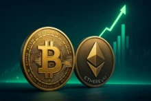 Monedas de Bitcoin y Ethereum con gráfico ascendente que representa un máximo histórico en criptomonedas