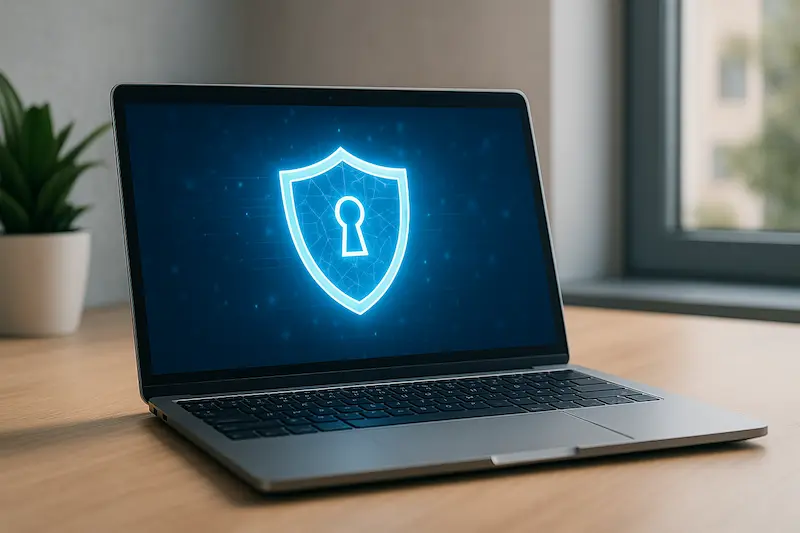 Computadora portátil con icono digital de seguridad en pantalla representando casinos online seguros en España