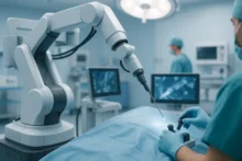 Brazo robótico realizando cirugía de próstata en quirófano moderno con control médico