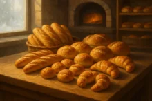 Pan artesanal recién horneado sobre un mostrador de panadería con horno de fondo