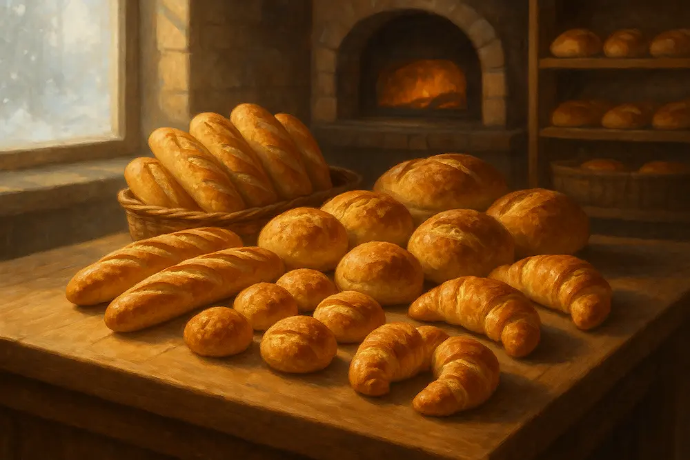 Pan artesanal recién horneado sobre un mostrador de panadería con horno de fondo