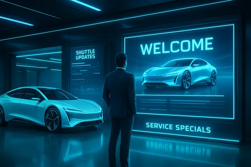 Futuristic auto dealership with glowing digital signage and modern cars