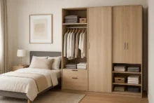 ropero de melamina en dormitorio moderno y ordenado