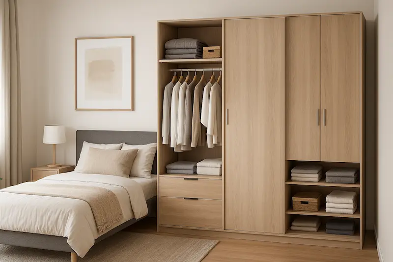 ropero de melamina en dormitorio moderno y ordenado