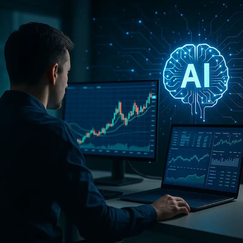 Persona analizando gráficos financieros en pantallas con inteligencia artificial