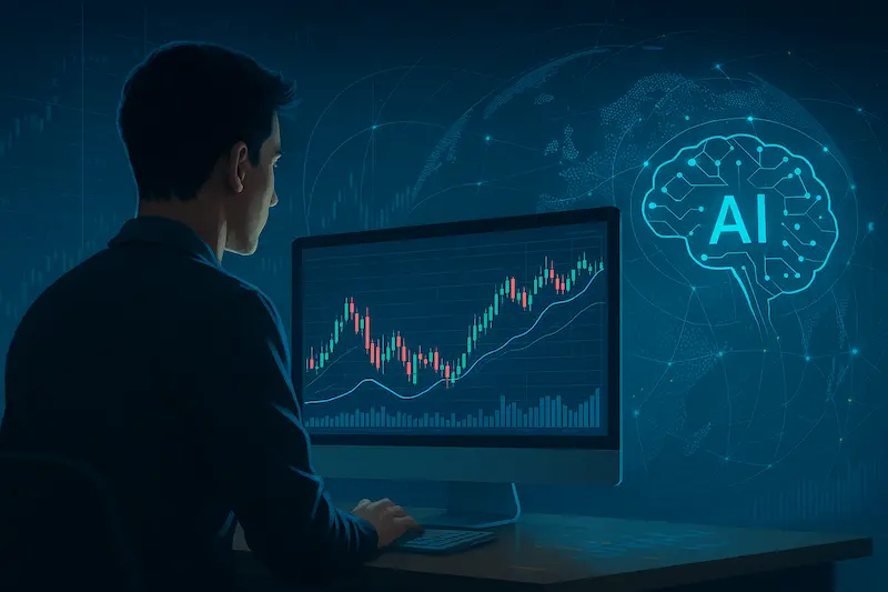 Persona frente a pantallas con gráficos financieros y un mapa digital iluminado que representa inteligencia artificial y alcance global