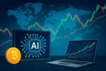 Ilustración digital de inteligencia artificial aplicada al trading global, con gráficos financieros y mapa mundial de fondo