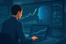 Profesional analizando gráficos de trading y proyecciones de inteligencia artificial en múltiples pantallas