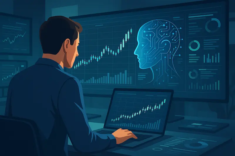 Profesional analizando gráficos de trading y proyecciones de inteligencia artificial en múltiples pantallas