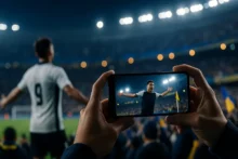 Manos sosteniendo un celular que muestra a un futbolista celebrando junto al banderín en un estadio lleno, idea de viral y meme en el fútbol.