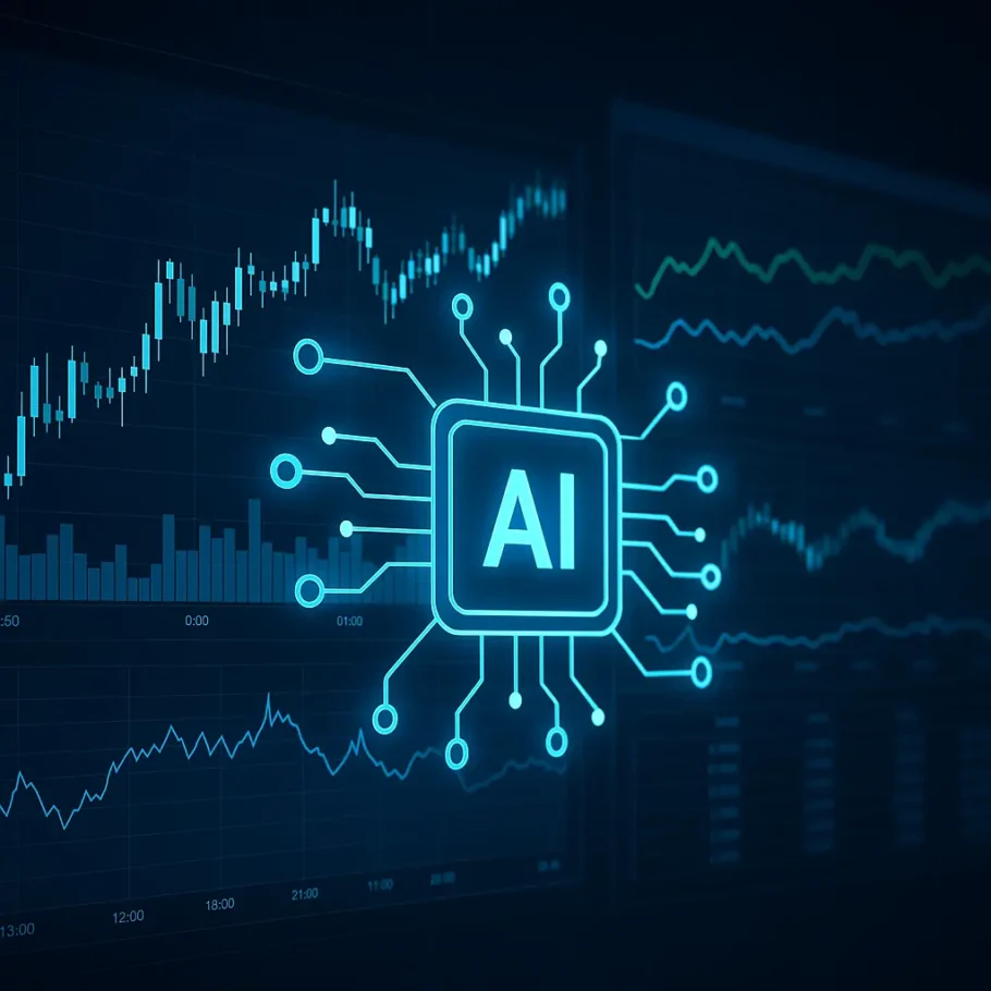 Chip de inteligencia artificial conectado a gráficos financieros en una plataforma digital automatizada.