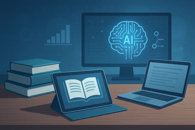 Ilustración conceptual de inteligencia artificial aplicada a la educación con libros digitales, laptop y símbolos de datos