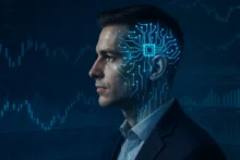 Hombre con rostro parcialmente digitalizado representando la integración entre inteligencia artificial y finanzas, con fondo de gráficos bursátiles.