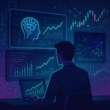 Hombre observando gráficos de inteligencia artificial y datos financieros en múltiples pantallas