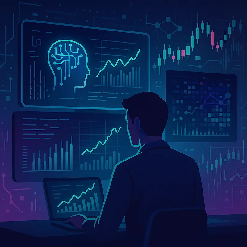 Hombre observando gráficos de inteligencia artificial y datos financieros en múltiples pantallas