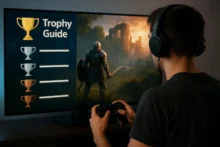 Jugador con auriculares usando control de PlayStation frente a pantalla con guía de trofeos
