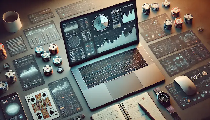 Laptop on a desk showing analytics dashboards surrounded by poker chips, cards, smartphone and notebook, representing bankroll management and strategy for live dealer games