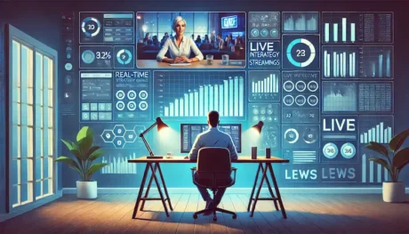 Man sitting at a desk facing a large wall of digital screens with live host video and data dashboards, illustrating online live dealer casino strategy analysis