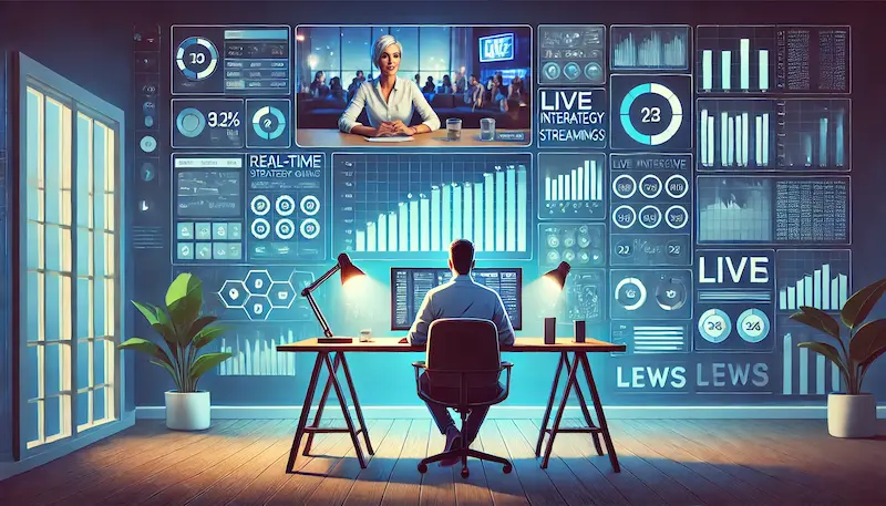 Man sitting at a desk facing a large wall of digital screens with live host video and data dashboards, illustrating online live dealer casino strategy analysis