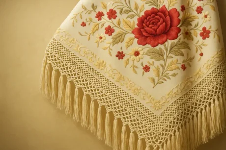 Primer plano de un mantón de Manila de seda color marfil con bordado de rosa roja y flecos de macramé sobre fondo neutro, en formato horizontal y sin texto.
