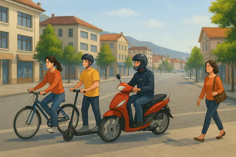 Personas desplazándose en bicicleta, monopatín eléctrico, moto y a pie en un entorno urbano similar a Tierra del Fuego