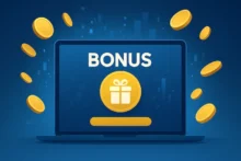 Abstract laptop with golden coins around a bonus icon on a blue background