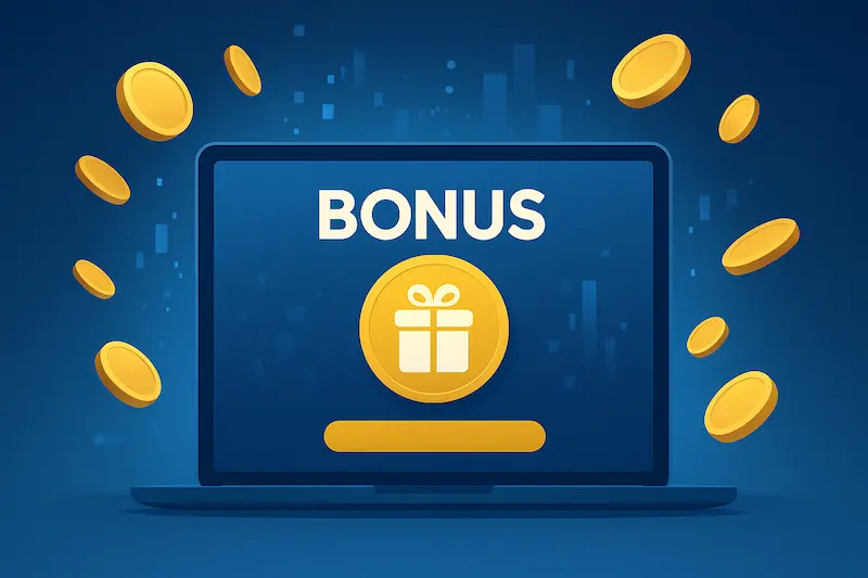 Abstract laptop with golden coins around a bonus icon on a blue background
