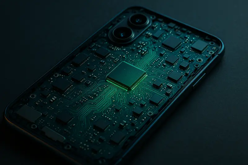 Placa de circuito impreso dentro de un smartphone moderno iluminada en tonos verdes y azules