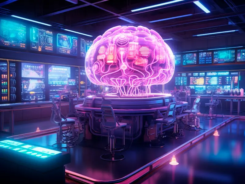 Ilustración cyberpunk de una sala de control futurista con un cerebro digital iluminado en tonos neón